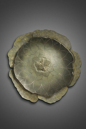 "Antique Water Lily", Pyrite Sun wall sculpture, 26" x 4", Mixed media : Wall Sculpture : Fossil and organic mixed media sculpture by Lee Brotherton
