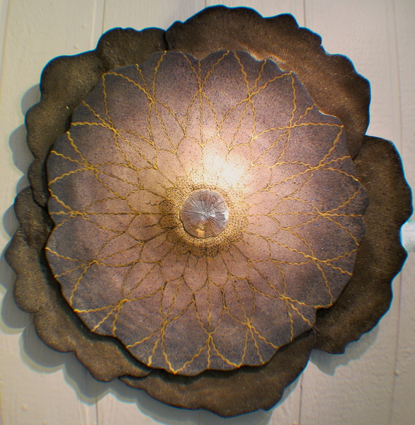 "Evening Lotus" Pyrite Sun and M/M, double wall sculpture, 30" x 3" : Wall Sculpture : Fossil and organic mixed media sculpture by Lee Brotherton