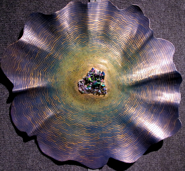 "Saturn's Rings", Titanium quartz crystal cluster & M/M, wall sculpture, 23" dia. x 2", $2,600. : Available Work : Fossil and organic mixed media sculpture by Lee Brotherton