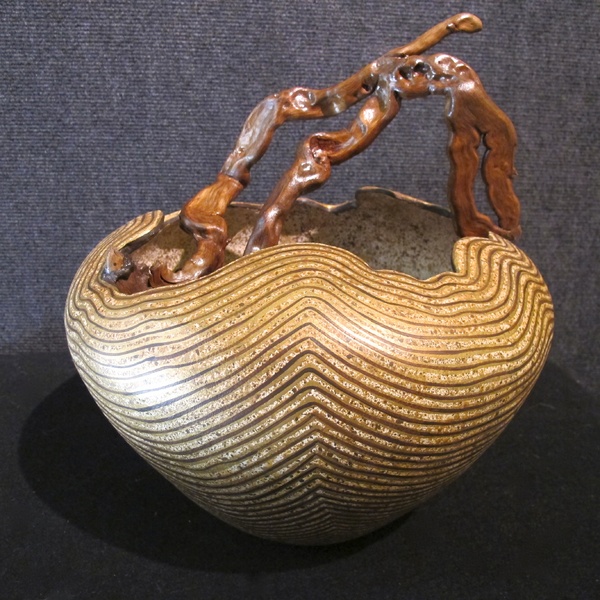 "Resting in Place" driftwood handle vessel, M/M, 12.5" x 11.5" : Vessels, bowls and pods : Fossil and organic mixed media sculpture by Lee Brotherton